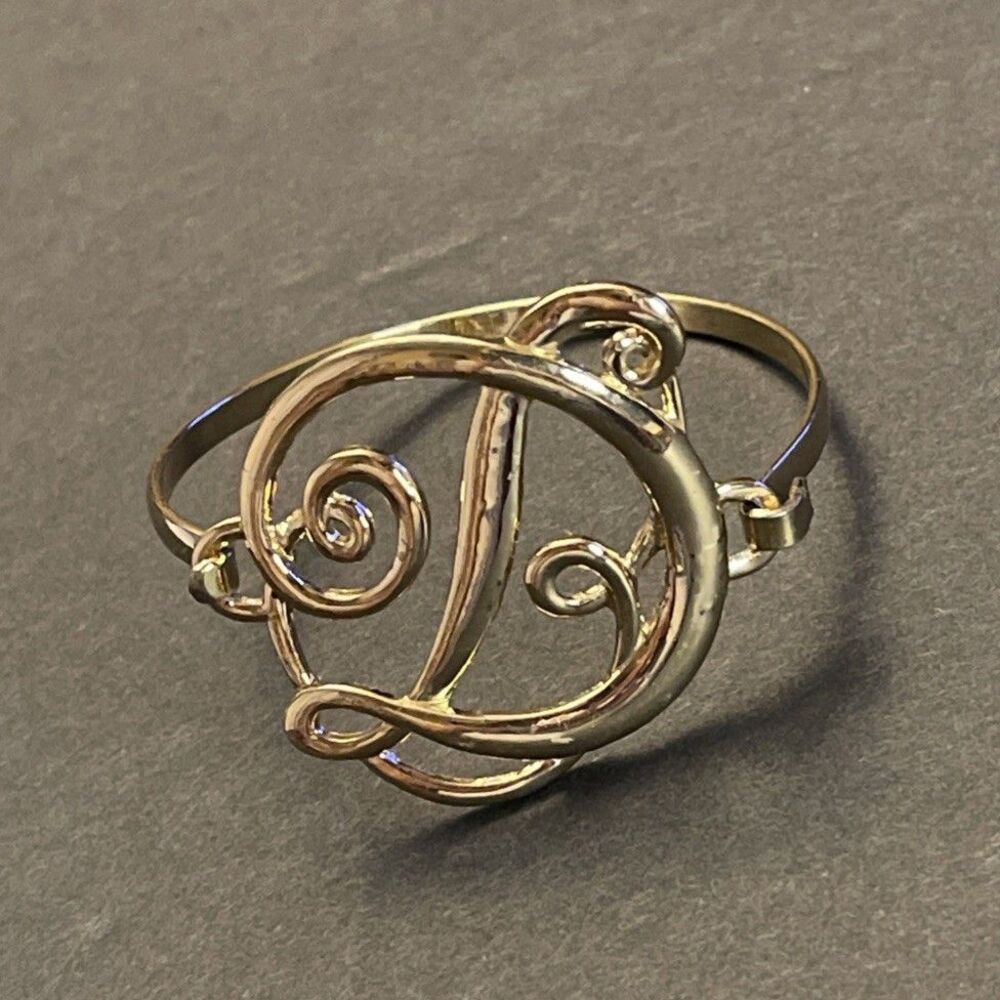 Monogram Initial Letter D Bangle Bracelet Gold Tone Script Filigree Cursive 6.7